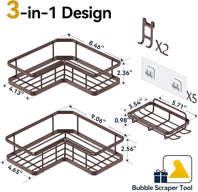 YASONIC Corner Shower Caddy Adhesive, 100% Rustproof Shower Organizer with Soap Holder, No Drill Shower Shelf for Inside Shower, Wall-Mounted Shower Storage for Homes (3 Pack, Bronze)
