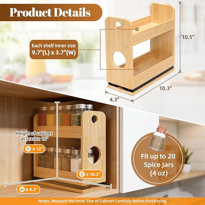 Tfro & Cile Pull Out Spice Rack Organizer for Cabinet 2-Tier Vertical Bamboo Slide Out Seasoning Organization for Kitchen Pantry
