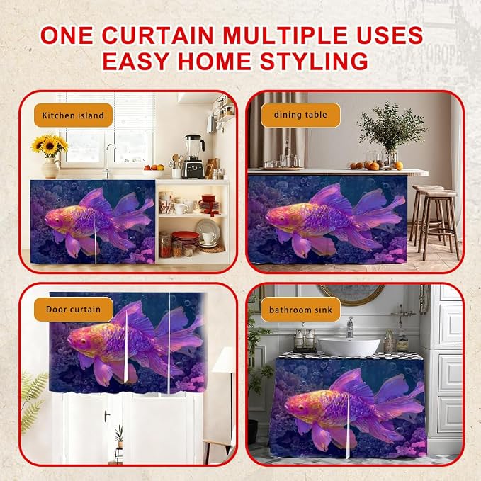 Self Adhesive Purple Goldfish Cabinet Curtain for Mother's Day, 39x28 Inch Underwater Fish Under Sink Skirt No Drill, Spring Cleaning Kitchen Decor, Hook and Loop Laundry Valance