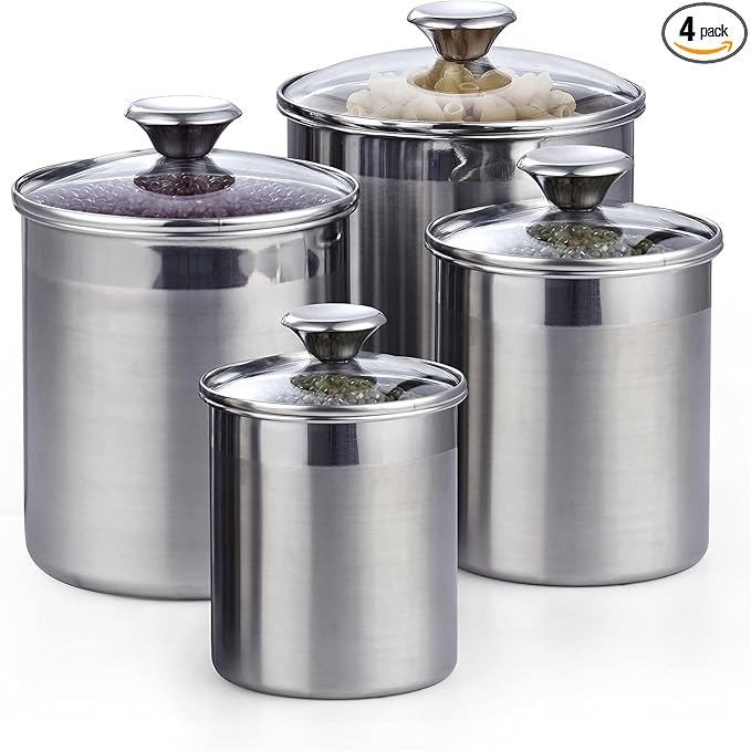 Cooks Standard Classic Stainless Steel Food Jar Storage Canister Set Medium, Airtight Containers with Glass Lid for Tea Coffee Sugar Flour Pantry Kitchen Counter, 4-Piece
