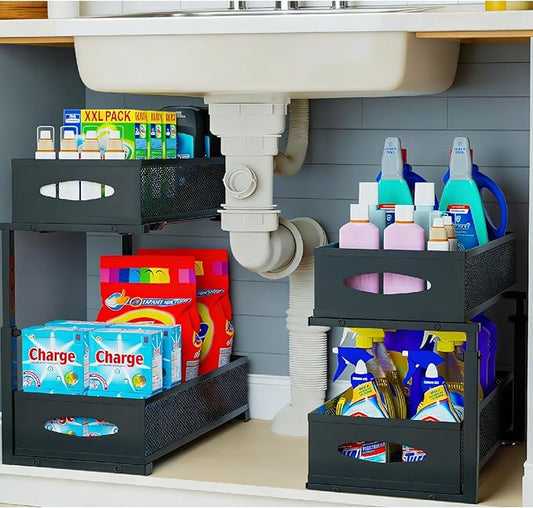 2 Pack Under Sink Organizer,2 Tier Pull Out Sink Shelf,Cabinet Organizer Shelves,Under Sink Shelf,Metal Sliding Drawer Storage for Kitchen Bathroom,Height Adjustable,Black