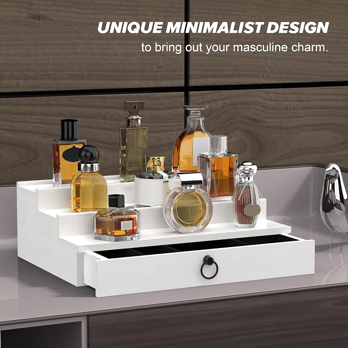 upcessory Cologne Organizer for Men, 3 Tier Wood Perfume Organizer with Felt Lining Drawer and Hidden Compartment, White Perfume Display Holder, A Gift for Men