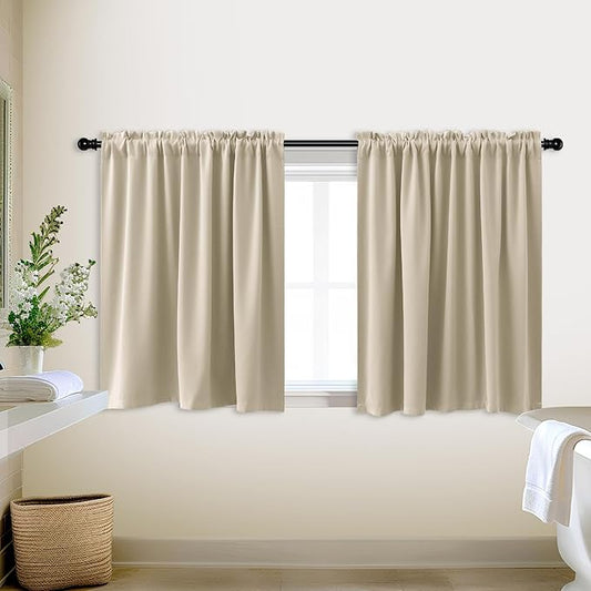 KOUFALL Small Window Curtains for Bathroom, Thermal Winter Insulated Short Curtain for Bedroom Kitchen, Wide 34 x Length 24 Inch,Beige