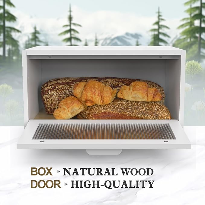 LOHASOK Bread Box for Kitchen Countertop Farmhouse Bread Holder Bread Storage Wooden Bread Container White