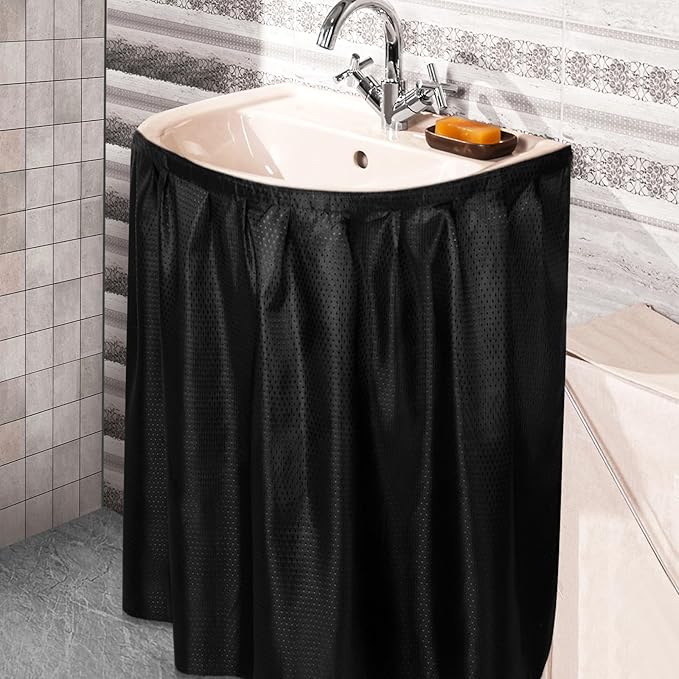 Fabric Sink Skirt Diamond Bathroom Stitch Self Stick Adhesive Waterproof Fabric Under Sink Curtain Skirt 55 x 32 Inch Adds Bathroom Storage(Black,Classic Style)