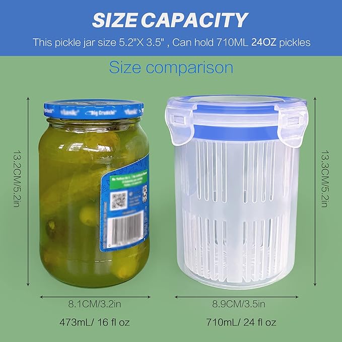 Pickle Jar 24oz 2Pack Pickle container with strainer Pickle Holder Keeper Lifter, pickle storage container suitable for pickling small jars of kimchi, Flip Jar with Leak Proof and Lock It Lid