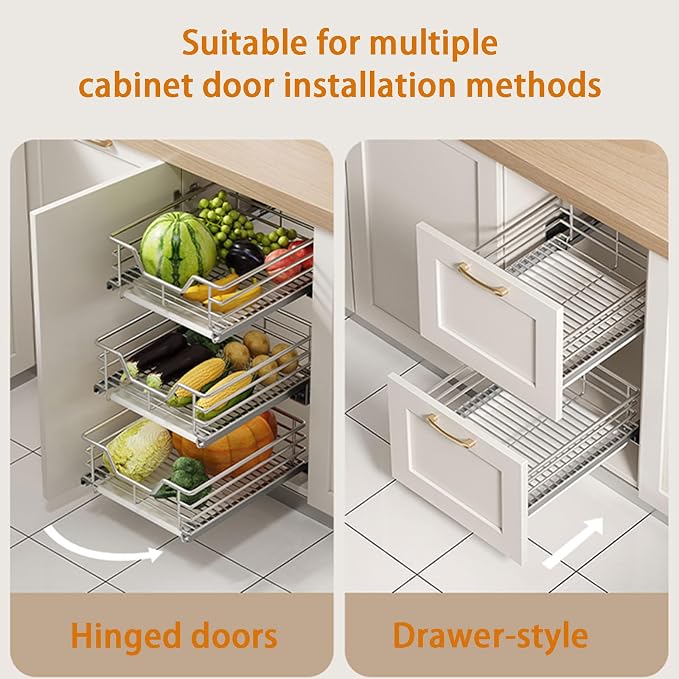 2 Pack Pull Out Cabinet Organizers with Removable Drip Tray, Slide Out Wire Storage Drawers, Heavy Duty Stainless Steel Gliding Cupboard Shelves for Kitchen, Under Sink, Bathroom