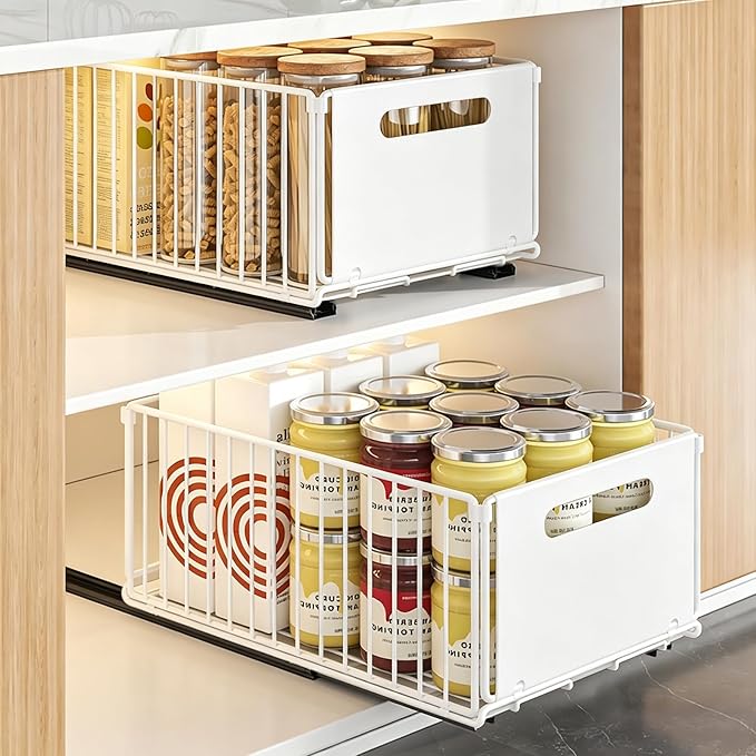 Pull Out Cabinet Organizer, 2 Pack Heavy Duty Slide Out Drawers Pantry Shelves Fixed With Strong Adhesive Glue and Handle for Kitchen, Living Room, Bathroom, Home (14.8" D X 9.6" W X 7.48" H)