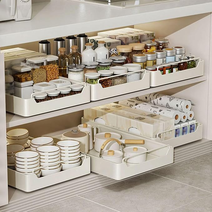 Pull Out Cabinet Organizer No Drilling with Raised Design 14cm and Removable Design for Easy Cleaning, Kitchen Cabinet Organizer Storage Shelves for Bathroom Pantry
