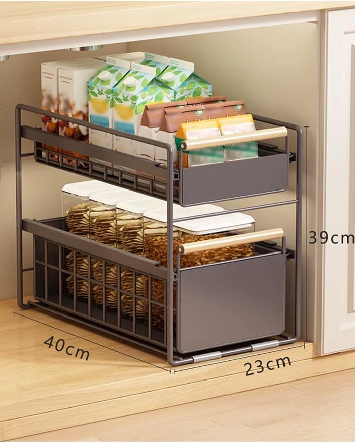 Pull Out Shelf Kitchen Storage Drawer- Slide Out Drawers for Kitchen Cabinets No Drill Shelves(Gray,40x23x39 cm)