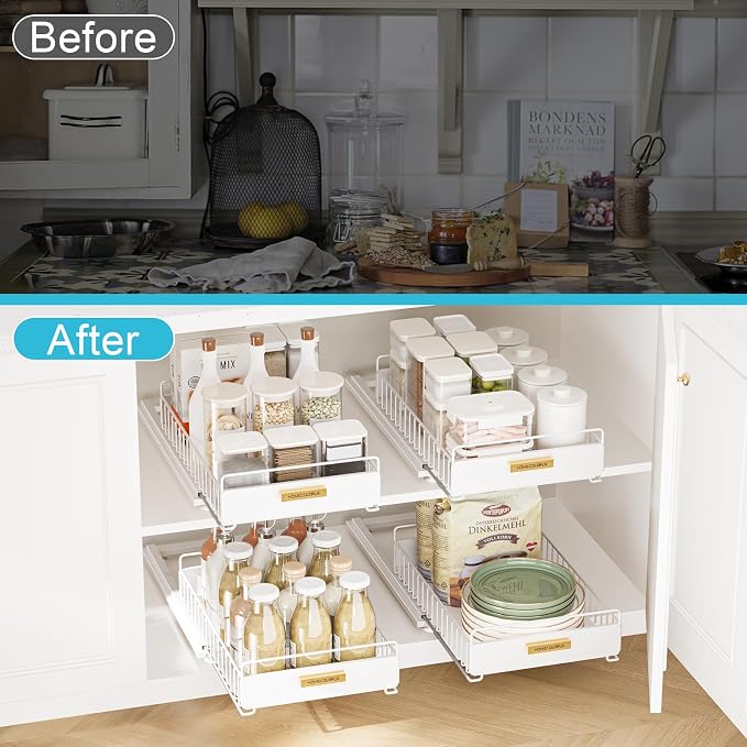 Pull Out Cabinet Organizer,Under Sink Organizer and Storage, Metal Slide Out Drawers for Cabinets, Multi-Purpose Storage Shelf for Kitchen, Cupboard, Bathroom 2 Pack White