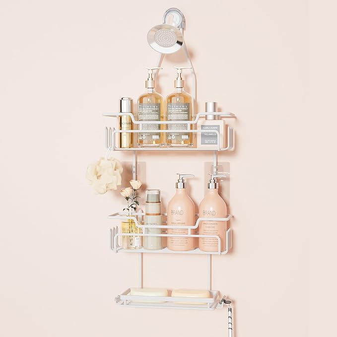 SWTYMIKI Bathroom Shower Caddy Hanging - 3 Tier Rustproof Over Shower Head Organizer, No Drilling Bathroom Shelf with 16 Hooks & Soap Holder, Anti-Swing Rack for Shampoo,Sponge,Towel, White, Medium