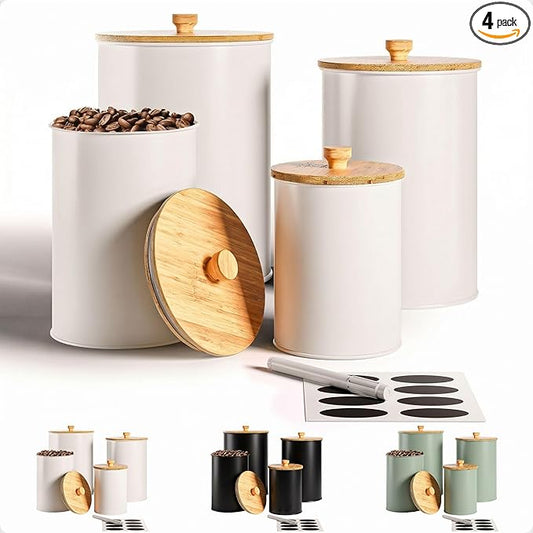 Kitchen Canisters for Countertop Set of 4 with Customizable Chalkboard Labels & Marker Pen - Big Iron Kitchen Canisters with Airtight Lids - White Canister Set - Flour and Sugar Containers Farmhouse