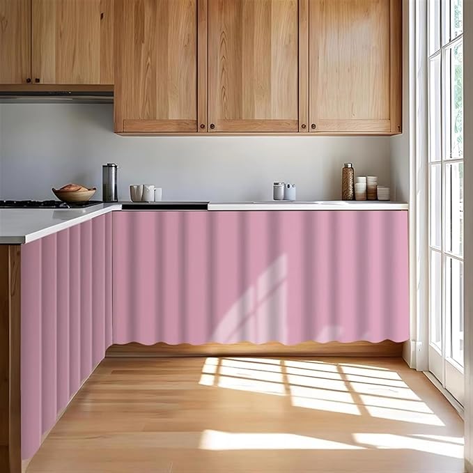 Under Sink Curtain for Closet, Privacy Short Cabinet Curtain Self Stick Adhesive Desk Skirt for Kitchen Classroom, Pink, 55" W x 20" L