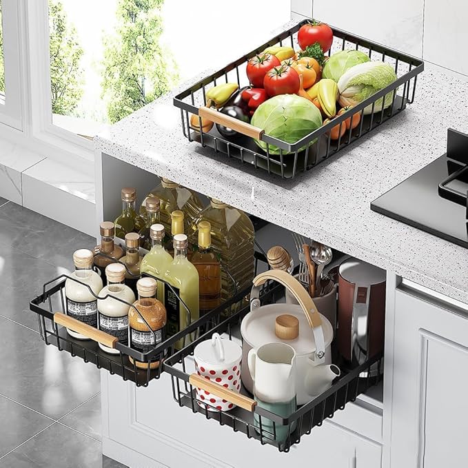 Pull Out Cabinet Organizer, Heavy Duty Slide Out Drawer, No Drill Pull Out Drawers, Multifunctional Pantry Shelves Under Sink Storage Kitchen Drawer for Bathroom Pantry