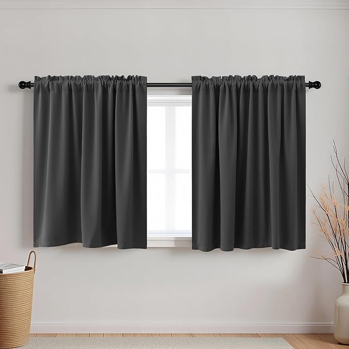 30 Inch Small Curtains for Windows, Blackout Short Half Curtains for Kitchen Bathroom, Dark Grey, Wide 34 x 30 in Length