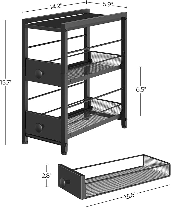 YATINEY Spice Rack, 3-Tier Pull Out Spice Rack Organizer for Countertop, Narrow Kitchen Countertop Storage Shelf with 2 Drawers, for Kitchen, Cafe, Black SR02BB