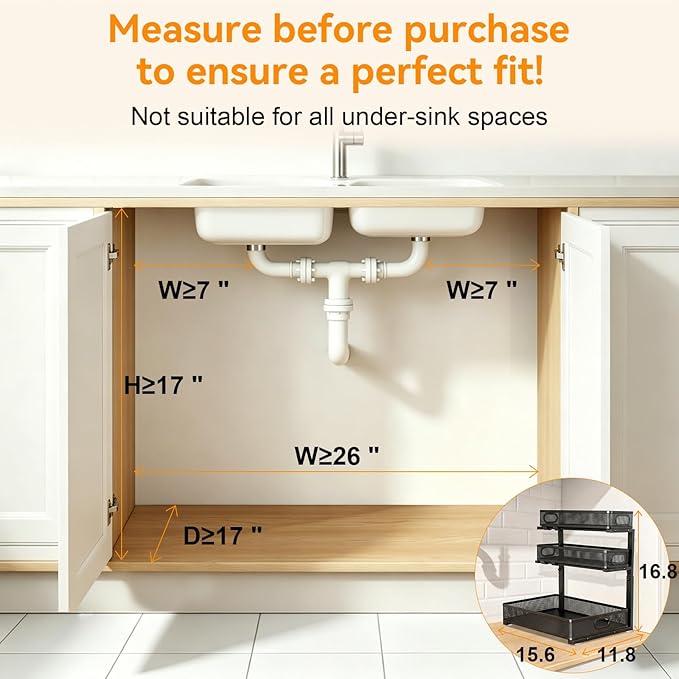 Under Sink Organizer for Bathroom, 3 Tier Adjustable Height Under Sink Storage, Sliding Pull Out Cabinet Organizer Shelf, Metal Multi-Purpose Cabinet Organizer for Kitchen (2 Pack, Black)