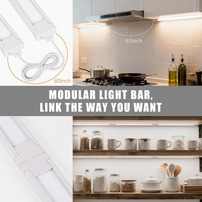 3 Pack Plug in Under Cabinet Lighting for Kitchen, 6500k Bright Under Counter Lights for Shelf/Workbench/Bookshelf/Over Sink, 14inch Linkable 110V LED Light Bar