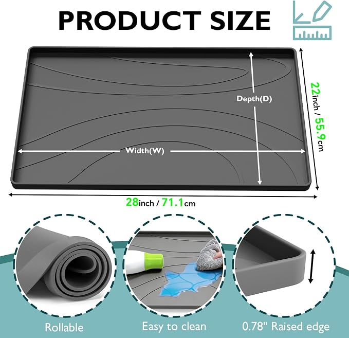 Under Sink Mat 28" x 22", Silicone Under Sink Liner for Kitchen and Bathroom, Waterproof Cabinet Protector Drip Tray, Protects Cabinets from Leaks and Spills