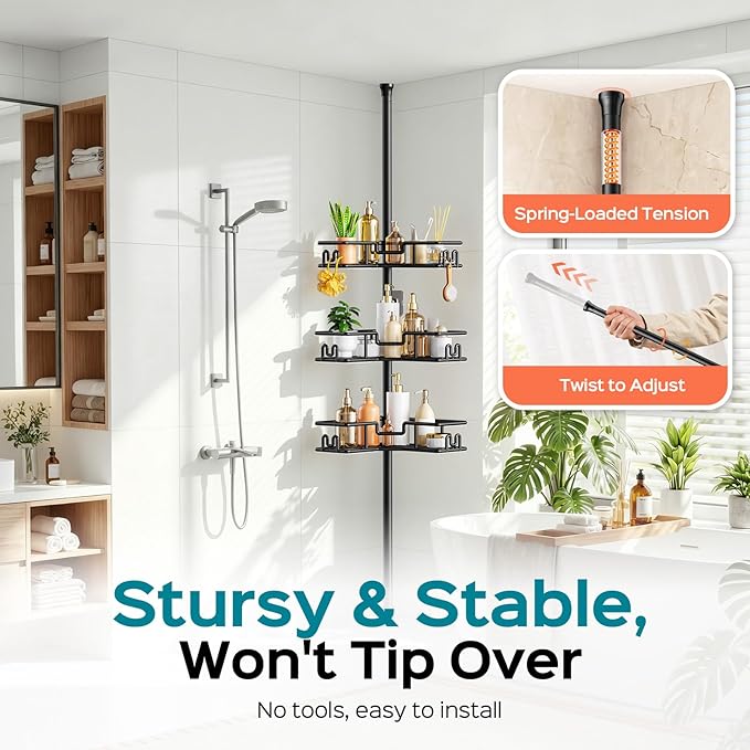 HAMITOR Shower Caddy Tension Pole: 4-Tier Adjustable Corner Bathroom Organizer - Heavy Duty Rustproof L-Shaped Shelves- No Drilling Space-Saving Storage Rack for Family & Renters- 47-123 inch Black