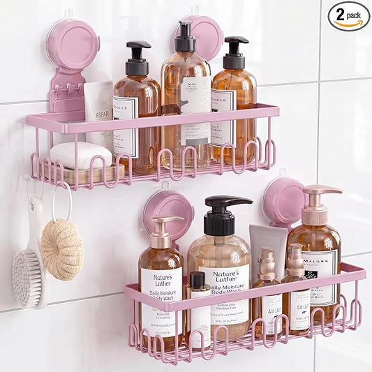 JOTPE Pink Shower Caddy Suction Cup 2 Pack with Hooks, No Drilling Shower Organizer for Bathroom with Large Capacity, Heavy Duty Suction Strong Hold, Waterproof & Rustproof Metal Storage Basket