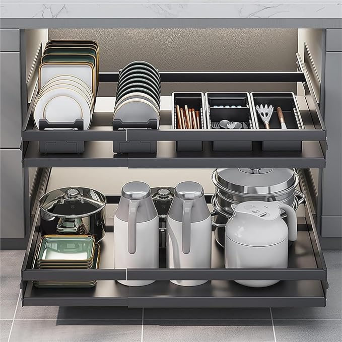 Pull out Cabinet Organizer,Under Sink Organizer, Roll out Storage Shelf Storage for Pantry,Extendable Drawer For Kitchen Storage,No Need Drill and Nailing,for Kitchen, Living Room, Home.(Black,TWO-47*