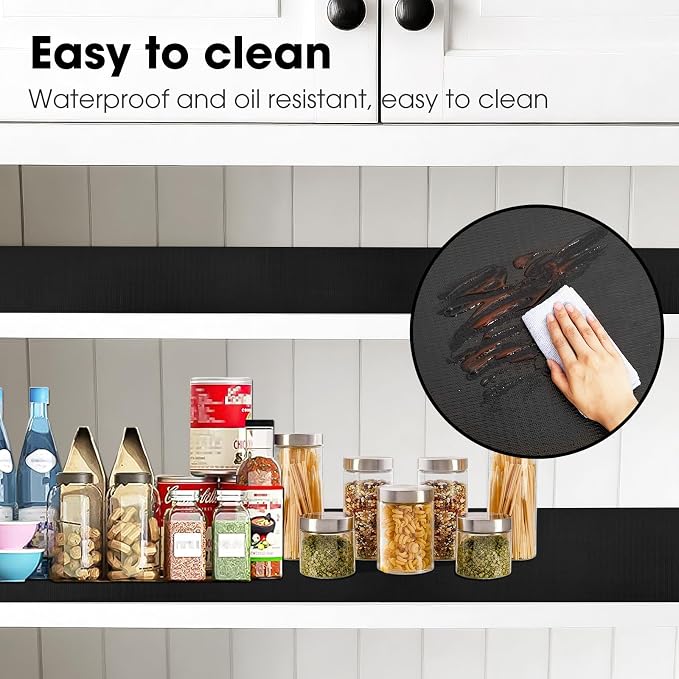 Drawer and Shelf Liner, Non-Slip Kitchen Cabinet Liners Non-Adhesive Thick Strong Grip Waterproof Washable Mats Protect Dresser Shelves Cupboard Bathroom Cabinets, Black, 18 in X 10 FT