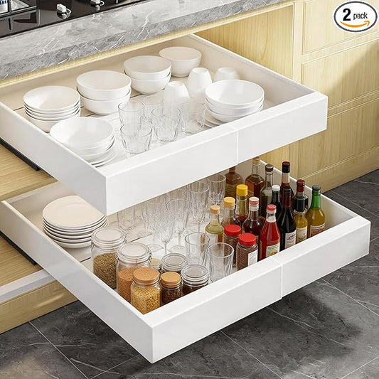 2-Pack Expandable Pull Out Cabinet Organizer 21" Deep with 3 Slide Rails, Adjustable Width (12"-22") Drawer Organizer for Kitchen Pantry Base Cabinets, Fixed with Roll Out Shelves Adhesive, White