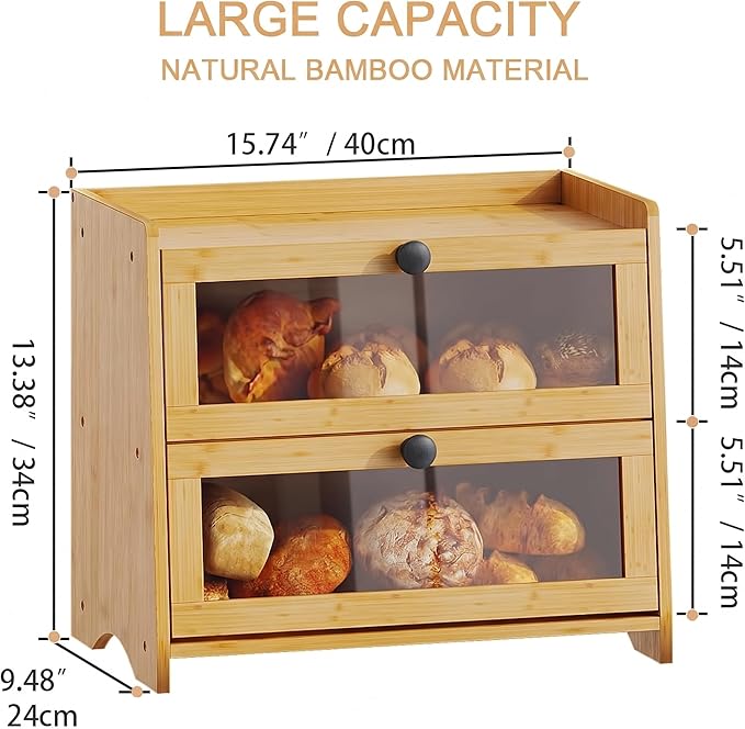 BAMBANG Bread Box for Kitchen Countertop, Extra Large Bamboo Bread Storage Container for Homemade Bread, Double Layer Sourdough Breadox, Bread Bin Organizer for Counter Cabinet Pantry, Natural
