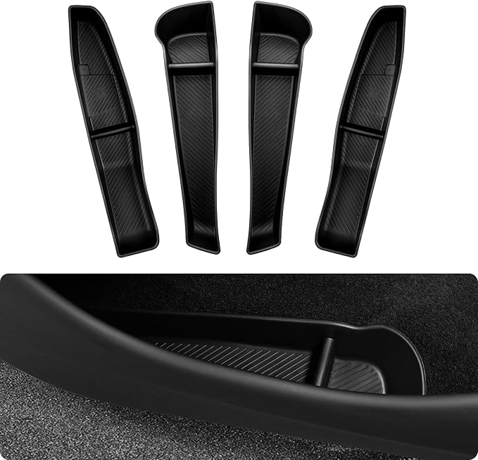 BASENOR 2026 Tesla Model Y Juniper Door Side Storage Box, (Emergency Button Safety) Door Side Pocket Organizer Tray, Waterproof TPE Front & Rear Slot Pocket Liners for 2025 2026 Model Y Juniper