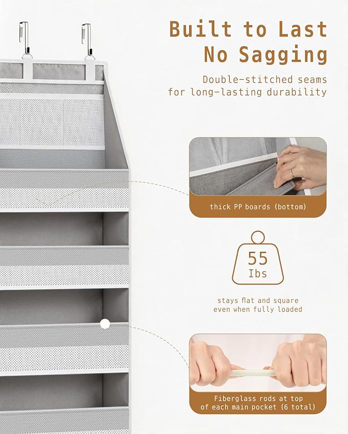 KMSCO Over The Door Organizer, 6 Large Pockets + 13 Mesh Side Pockets, Hanging Storage, 55lbs Capacity, Heavy Duty Non-Woven Fabric for Baby Nursery, Bathroom, Pantry, Closet, Grey, 1 Pack