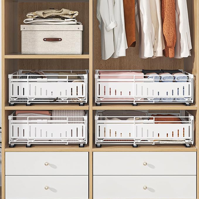 Expandable Pull Out Cabinet Organiser, No Drill Adhesive Slide Out Kitchen Drawer Shelf Durable Metal for Under Sink, Cupboard, Pantry, Adjustable Width (12.8"-19.7") (Style A White, 2 Pack)