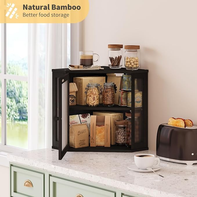 Corner Bread Box for Kitchen Countertop,Bread Storage for Homemade Bread, Double Layer Large Bamboo Kitchen Storage Bin with Window (Black, Medium)