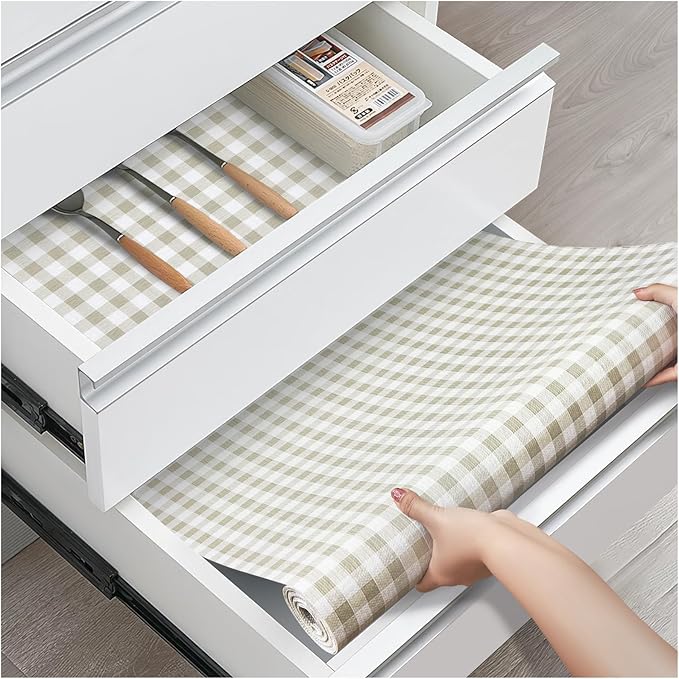 Drawer and Shelf Liner, Non-Slip Kitchen Cabinet Liners Non-Adhesive Thick Strong Grip Waterproof Washable Mats Protect Dresser Shelves Cupboard Bathroom Cabinets, Yellow Plaid, 18 in X 10 FT
