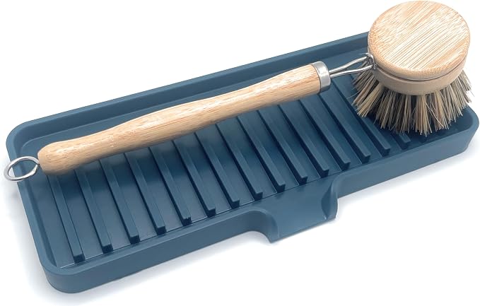 Silicone Soap Dish Tray and Sponge Holder with Drain Chute, Rectangular, Kitchen and Bathroom Sink Organizer (Smoky Blue, 9"x3.5")