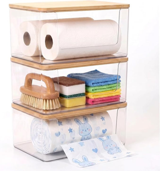 3 Pack Trash Bag Holder, Stackable Garbage Bag Dispenser with Bamboo Lid – Clear Plastic Organizer, Space-Saving Under Sink Storage for Kitchen, Laundry Room, Pantry & Cabinet