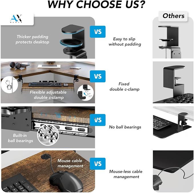 AX WABER Keyboard Tray Under Desk Pull Out with Extra Sturdy C Clamp Mount System, 32.8 (38 inch Including Clamps) x 12 Inch Slide-Out Platform Computer Drawer for Typing Vintage AX01WG202