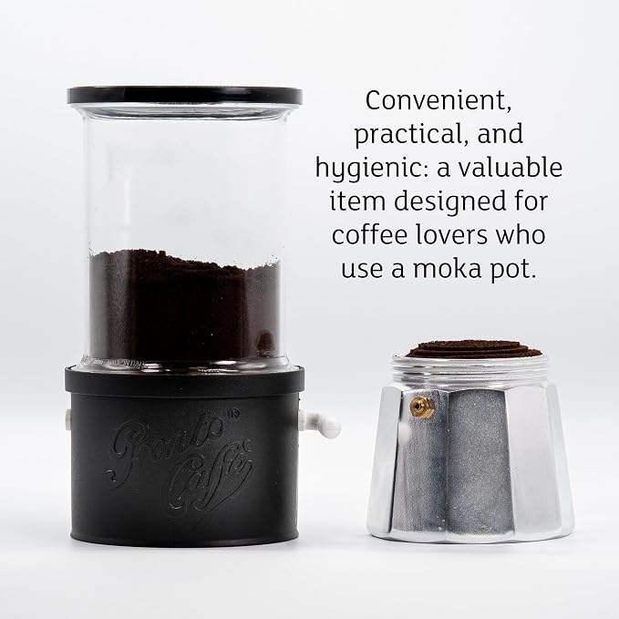 Lavatelli: Pronto Caffè - Black - Coffee Grounds Dispenser for Mocha Pots, Kitchen Jar, Container Preserves Powder Freshness, 1960's Italian Style