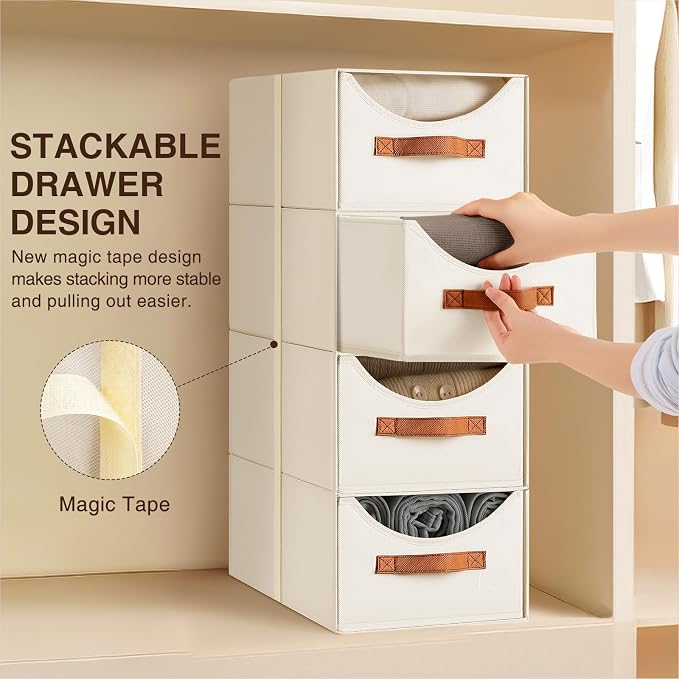 Homsorout Stackable Storage Drawers - Collapsible Storage Bins with Drawers, 8 Pack Closet Shelf Organizer Basket, Fabric Pull Out Organizer for Bedroom, Living Room, Dorm, Beige
