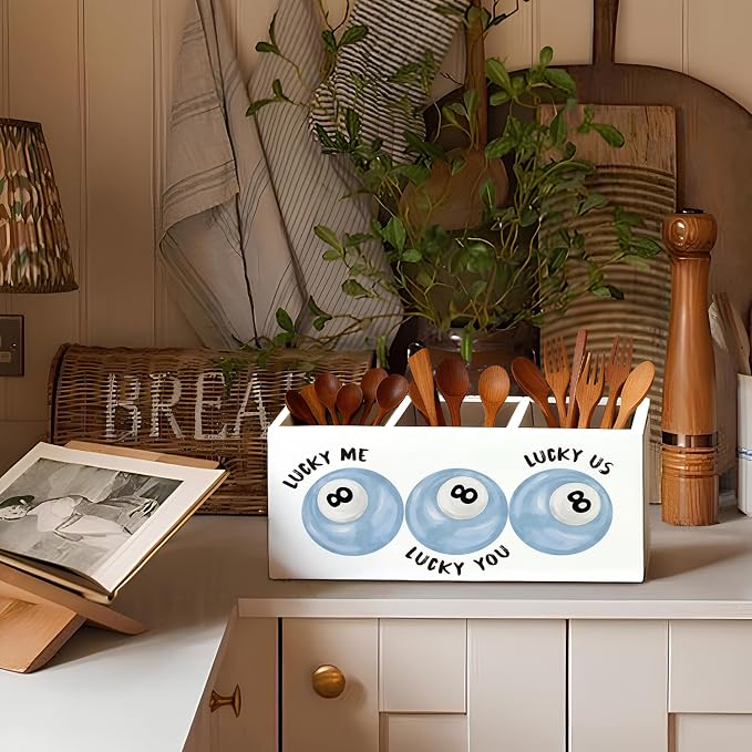 Trendy Preppy Light Blue Pen Pencil Holder for Desk, Girly Office Decor, Retro Lucky 8 Ball Wooden Box Sign Decorations for Girly Room Bedroom Dorm Office Desk Tabletop