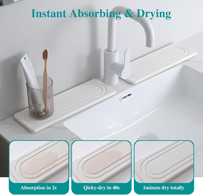 2PCS Water Absorbing Stone Tray for Sink, Quick Drying Diatomite Bathroom Tray Countertop, Stone Drying Mat for Kitchen Counter Faucet, Soap Dish Dispenser Vanity Organizer, White-11.8" x 4"