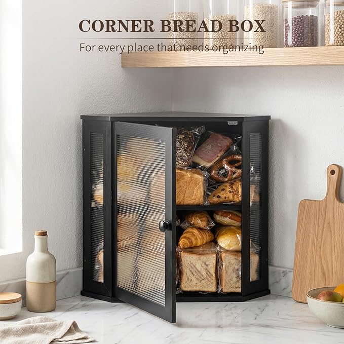 Extra Large Corner Bread Box - Bamboo Bread Box for Kitchen Countertops, Large Capacity Kitchen Bread Storage and Organizer with Corrugated Acrylic Wavy Window (Black)