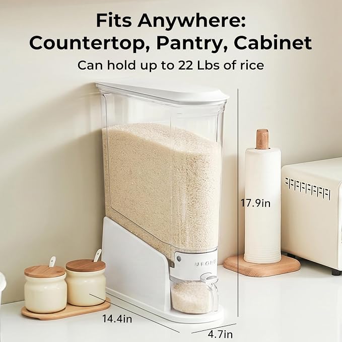 UFORU Rice Dispenser 22Lbs, Slim Rice Storage Container for Small Space, BPA-Free Clear Dry Food Dispenser Sealed Moisture Proof, Grain&Cereal Storage Bucket for Kitchen Pantry Household, White