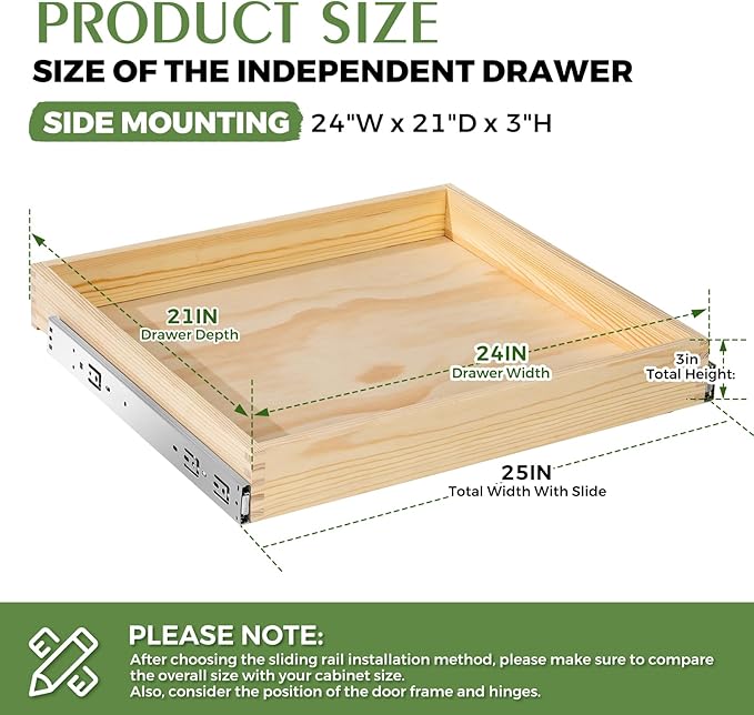 Wooden Pull Out Cabinet Organizer 24" W x 21" D x 3" H Solid Wood Drawer with Soft Close Slides Bottom or Side Mount for Pantry Bathroom