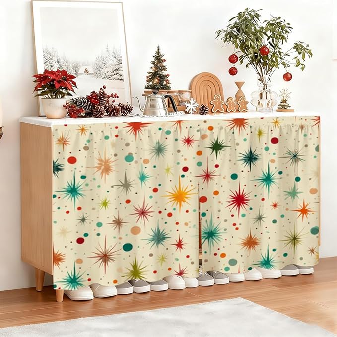 Self Adhesive Retro Starburst Cabinet Curtain for Mother's Day, 39x28 Inch Mid-Century Modern Under Sink Skirt No Drill, Spring Cleaning Kitchen Decor, Hook and Loop Valance