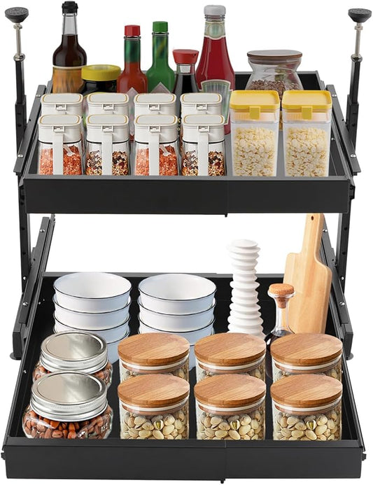 2-Tier Pull Out Cabinet Organizer, Slide Out Drawers with 2 Guide Rails, No Drill Pull Out Drawers Cabinets Shelves for Home Kitchen Pantry (Black)