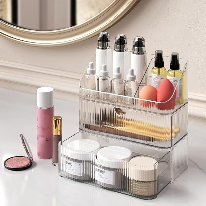 Medicine Cabinet Organizer 3 Tier, Stackable Bathroom Mirror Cabinet Storage，Small Makeup Organizers with 2 Drawer and 1 Tray for Wall Cabinet， Closet， Vanity, Countertop, Clear