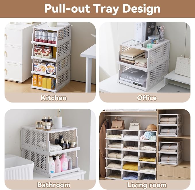 Pull-out Plastic Storage Basket with a Lid,Stackable Closet Organizers Drawer Anti-Tipping,Stable Shelf Container for Bathroom Laundry Room Storage, Space-Saving Clothes Storage ,White Gray,2 pack