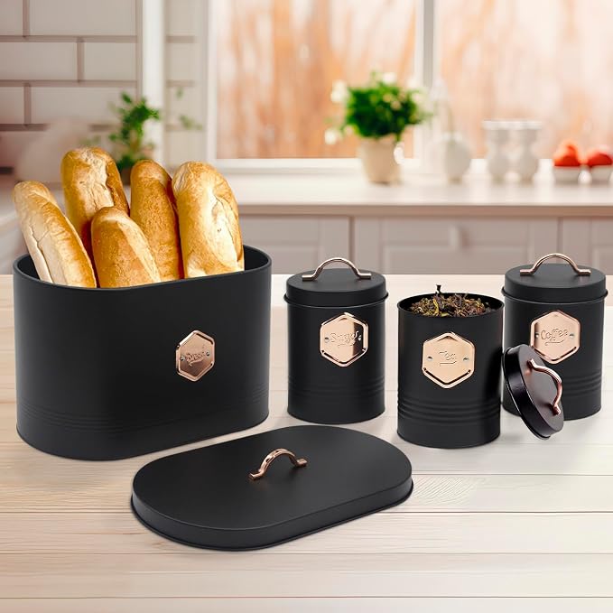 Plexon Bread Box for Kitchen Countertop with 3 Coffee, Tea, Sugar Canisters, Metal 4-Piece Bread Box Set with Lids and Cooper Labels, Black, BBCP4STBK
